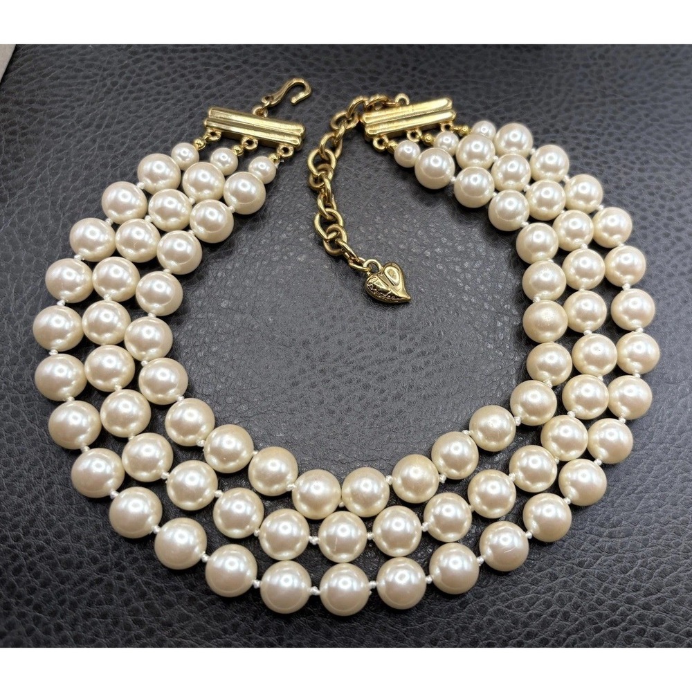 Vintage 80s Carolee 3 Strand Faux Pearl Multi Strand Necklace Choker 15-18"